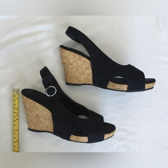 sahara Shoes - Sahara black suede platform cork wedges.